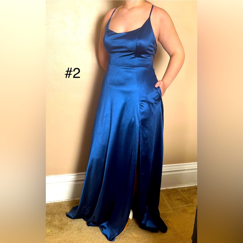Floor length spaghetti strap dark blue gown. Juniors size 5